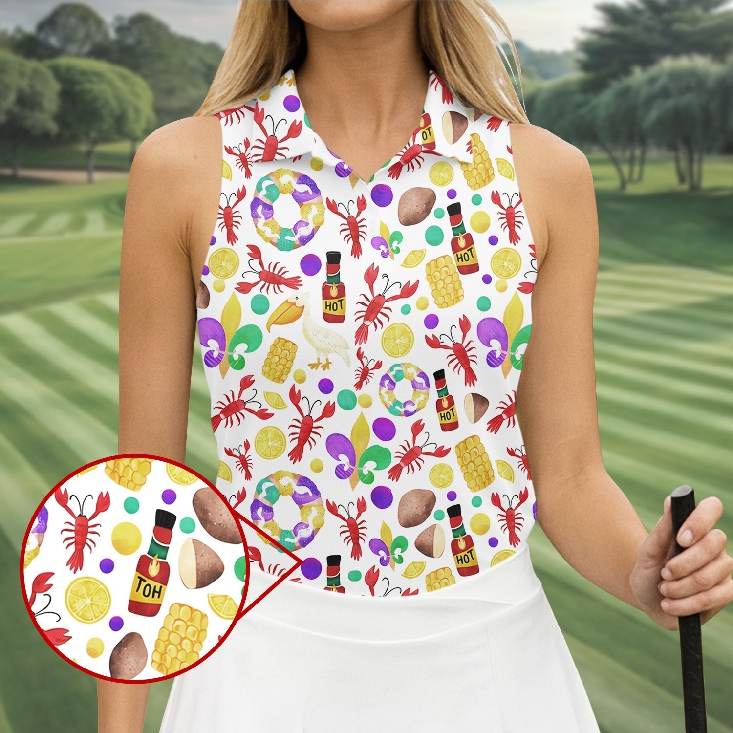 Fleur De Lis Flower White Pelican Lobster Hot Sauce Mardi Gras Golf Shirt, Women Golf Top, Ladies Golf Polos