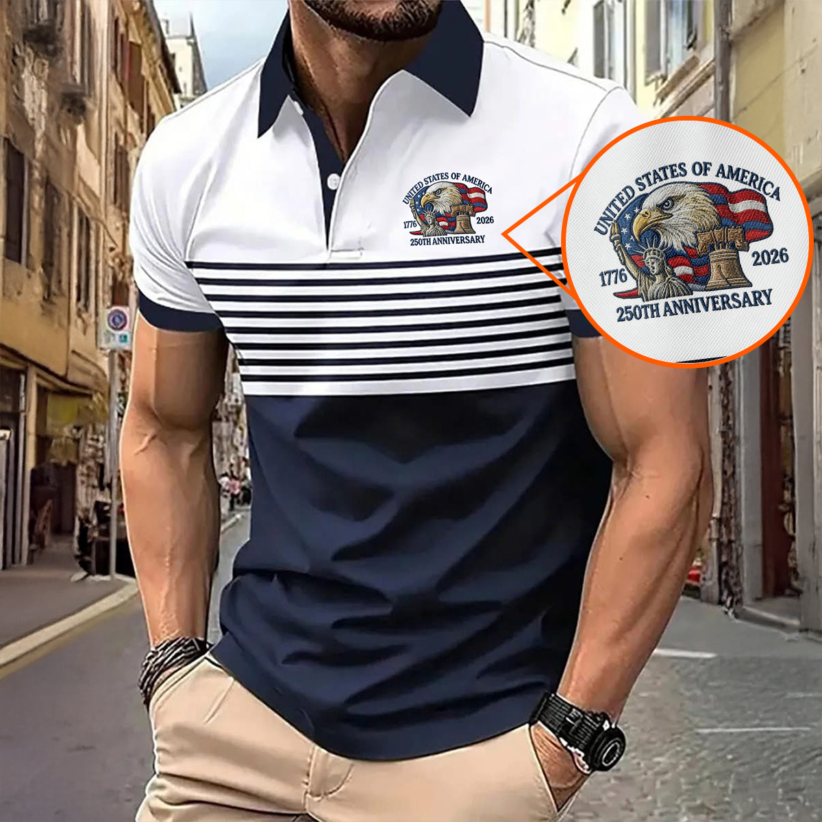 250th Anniversary Black Stripes Vintage Golf Shirt, Patriotic 4th Of July Golf Shirts For Men