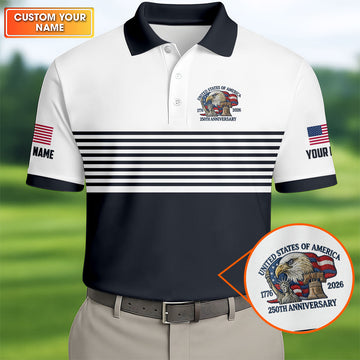 250th Anniversary Black Stripes Vintage Golf Shirt, Patriotic 4th Of July Golf Shirts For Men