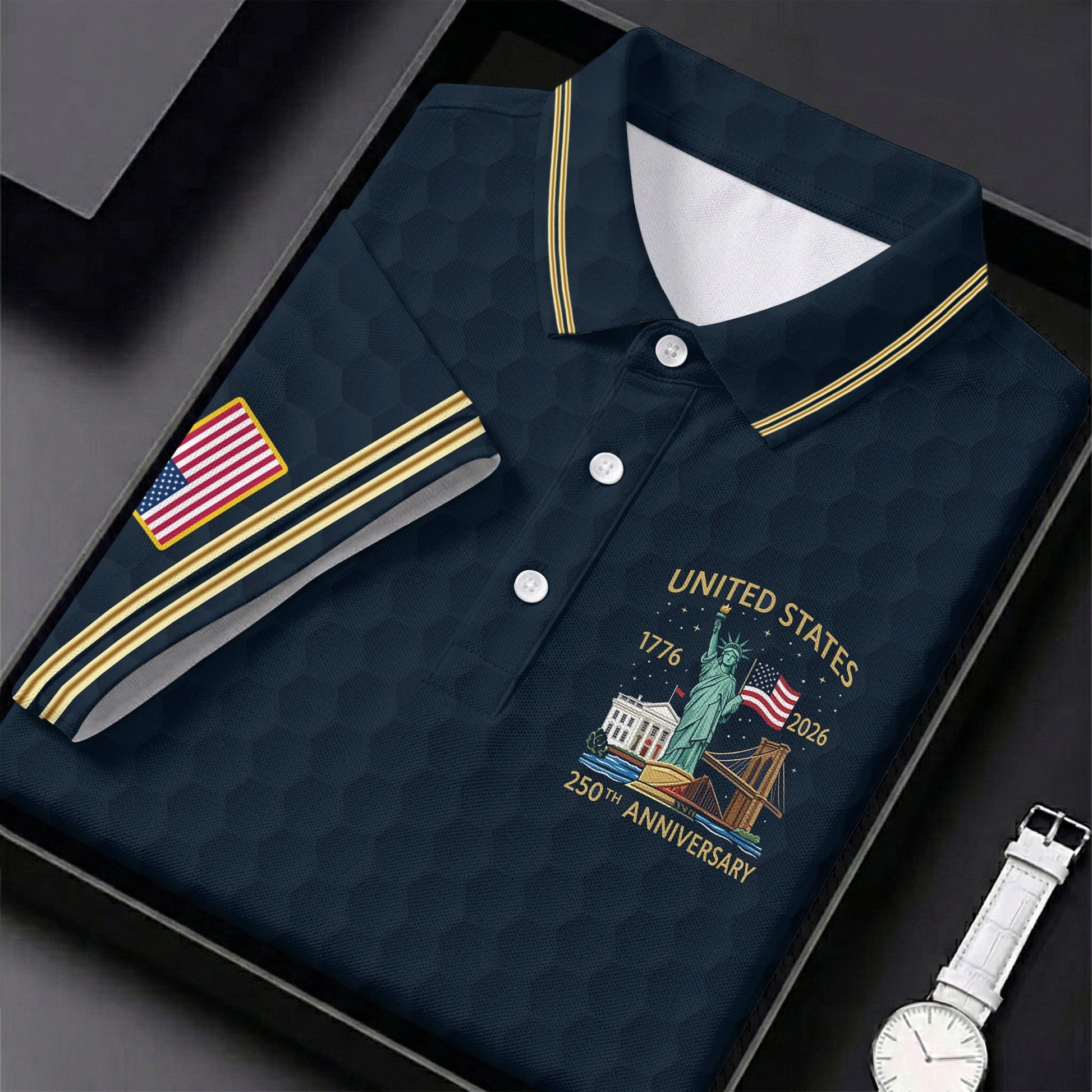 United States 250th Anniversary Golf Ball Pattern Navy Golf Shirt, 4th Of July Patriotic Golf Shirts For Men