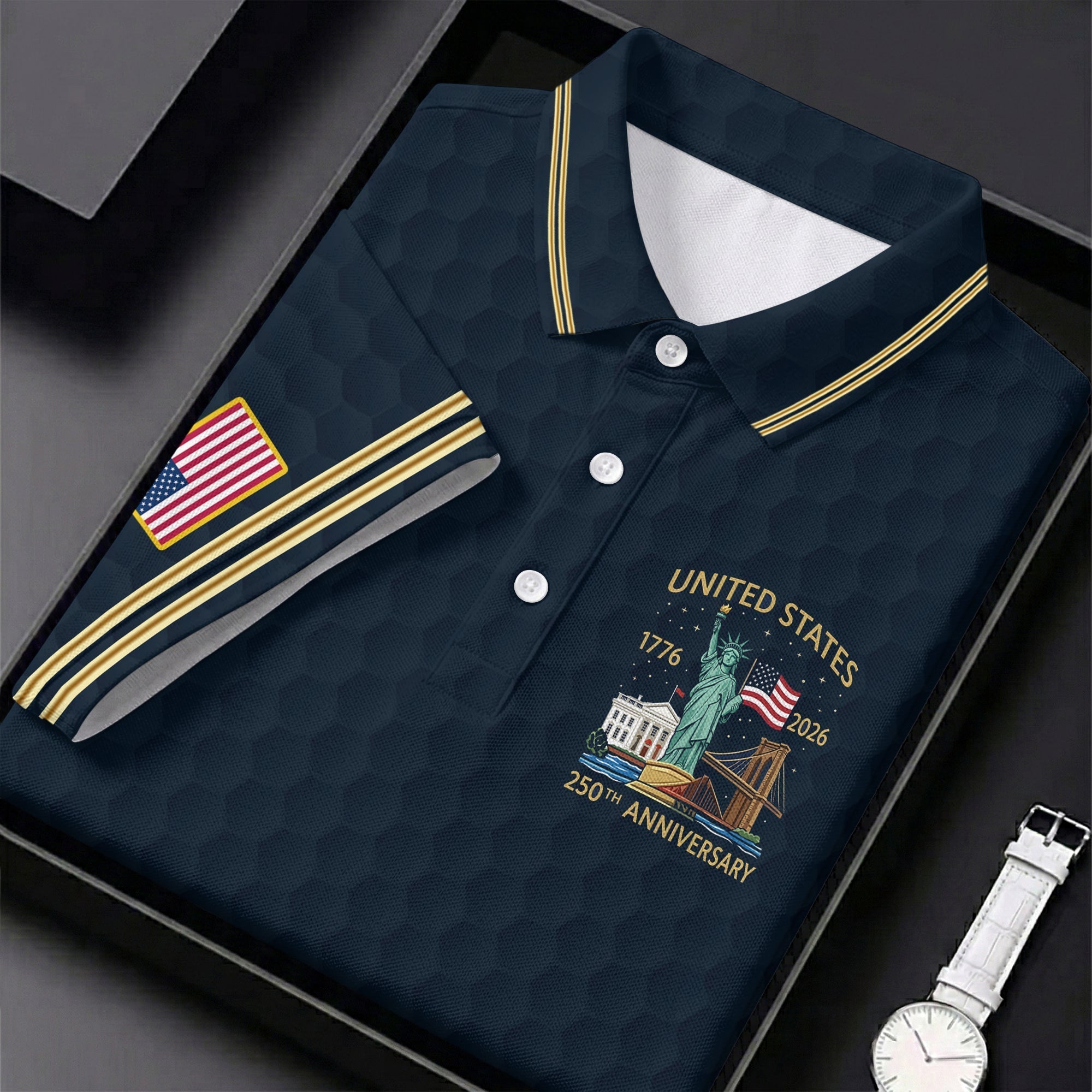 United States 250th Anniversary Golf Ball Pattern Navy Golf Shirt, 4th Of July Patriotic Golf Shirts For Men
