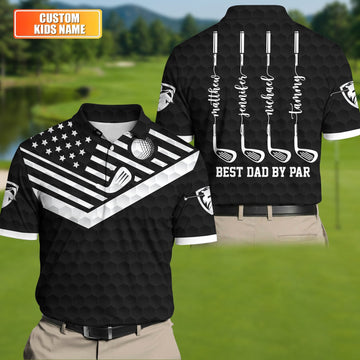 Best Dad By Par US Flag Pattern Father's Day Golf Shirt, Golf Gift For Dad, Personalized Gifts For Dad