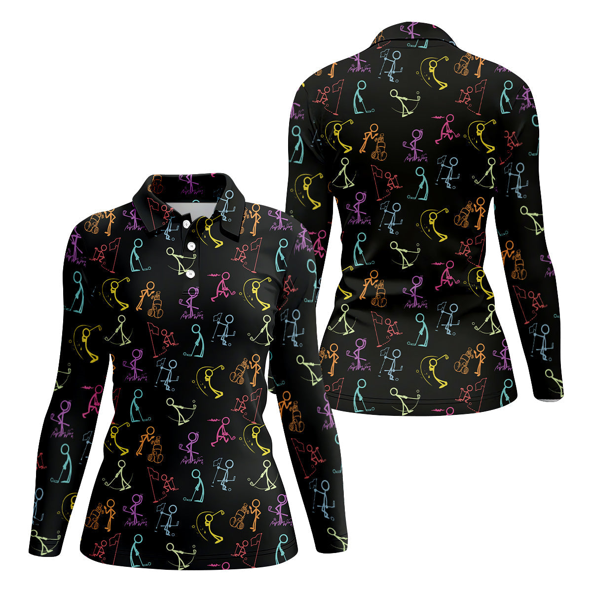 Funny Stickman Golfer Pose Black Golf Shirt, Unique Gift For Golfer, Ladies Golf Polos, Women's Polo Shirt