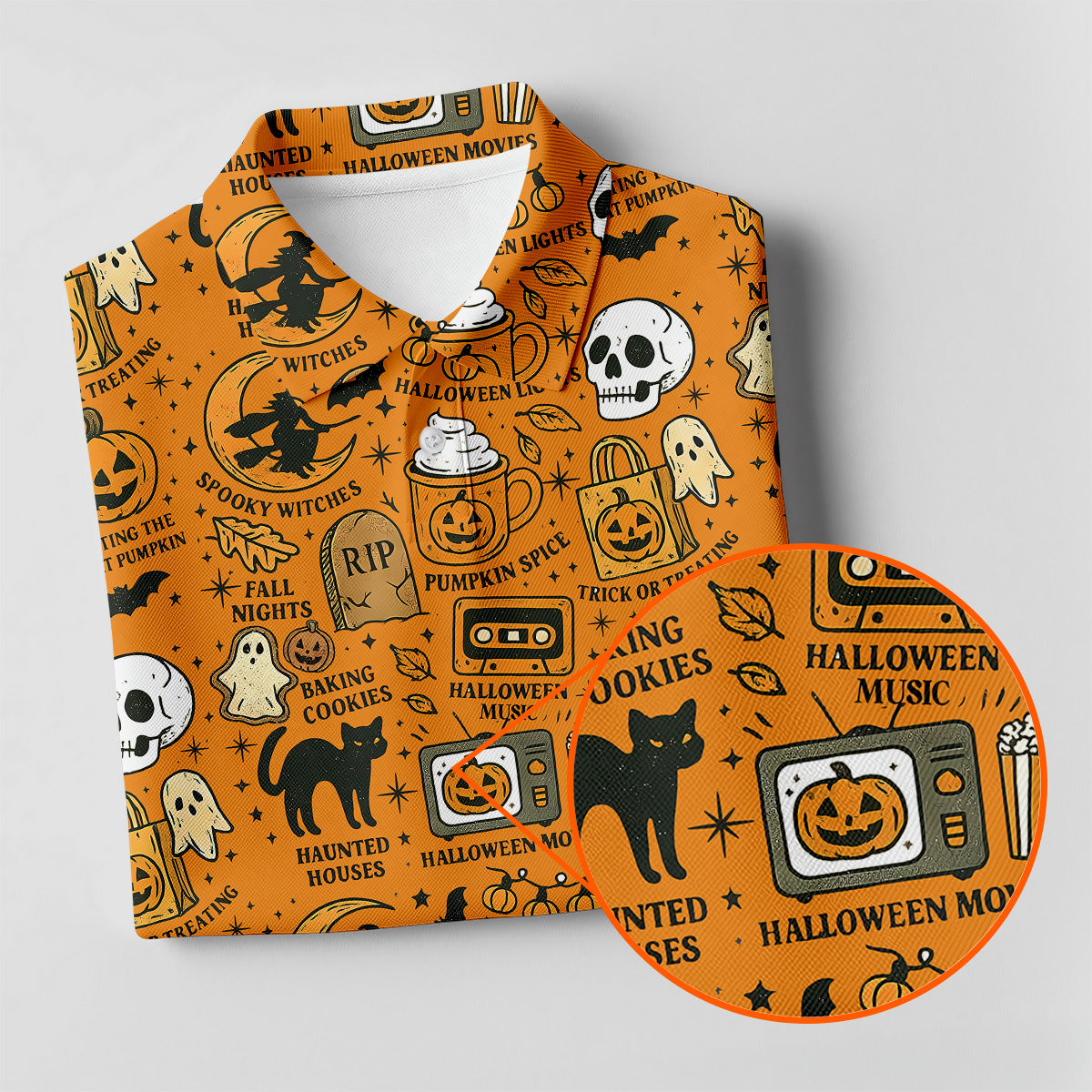 Orange Halloween Cat Golf Polo Shirtloween Theme Shirts, Ladies Golf Shirts, Golfing Apparel
