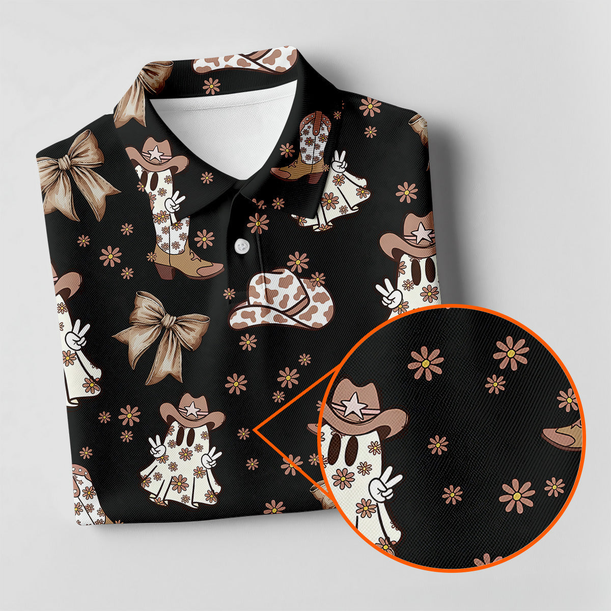 Coquette Halloween Cowboy Ghost Black Fun Womens Golf Shirts, Ladies Sleeveless Polo, Ladies Golf Shirts