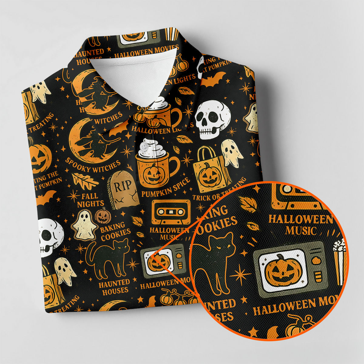 Vintage Halloween Cat Golf Polo Shirtloween Theme Shirts, Ghost Pumpkin Ladies Golf Shirts, Golfing Apparel