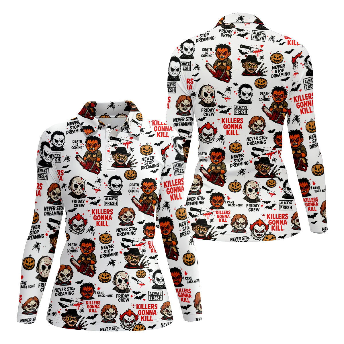 Classic Horror Characters Halloween Golf Shirt, Fun Womens Golf Shirts, Ladies Golf Tops