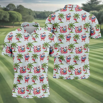 Tropical Santa Flamingo Beach Golf Polo, Christmas Golf Shirt, Golf Apparel For Men