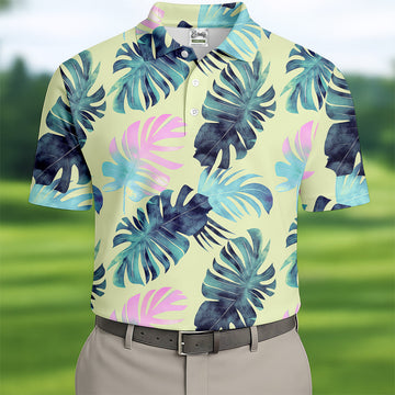 Tropical Palm Leaves Golf Tops For Men, Mens Golf Polo Shirt Unique Gift For Golfer, Golfing Apparel