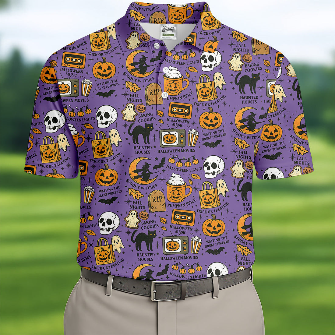 Purple Halloween Skull Golf Shirt, Spooky Cat, Mens Golf Polo Shirt Halloween Theme Shirts, Golfing Apparel