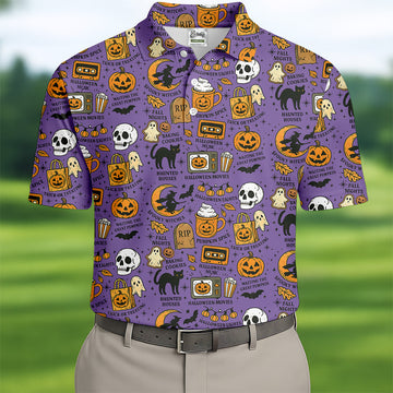 Purple Halloween Skull Golf Shirt, Spooky Cat, Mens Golf Polo Shirt Halloween Theme Shirts, Golfing Apparel