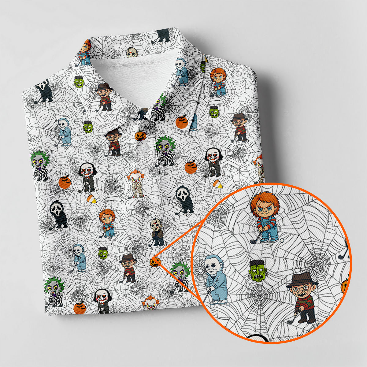 Funny Horror Character White Golf Polo ShirtHorror Movie Shirt, Halloween Golf Shirt, Fun Golf Polos For Men