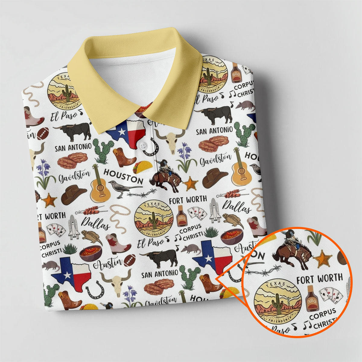 Texas Symbols Western Theme Doodle Style Golf Tops For Men, Polo Shirtor Men, Golf Shirts For Men