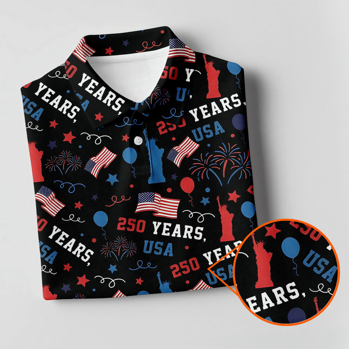 250 Years USA Red White Blue Seamless Pattern Black Golf Shirt, Patriotic 4th Of July Golf Shirts For Men