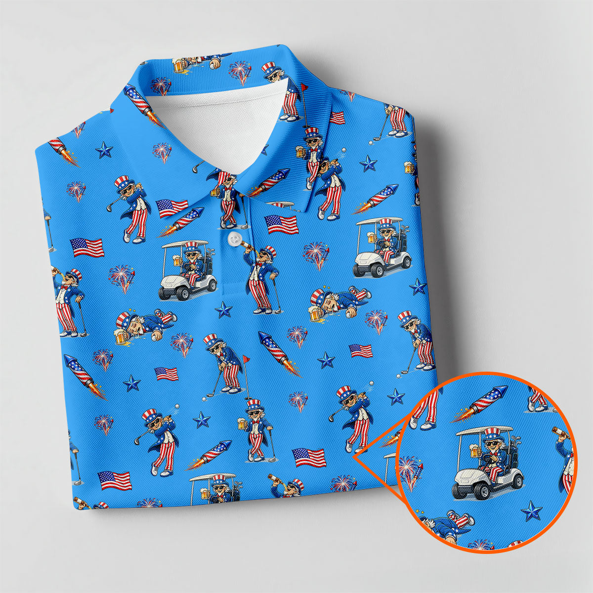 Patriotic Man Golf And Beer Funny 4th Of July Blue Golf Shirt, 250 Years Seamless Pattern Golf Shirts For Men