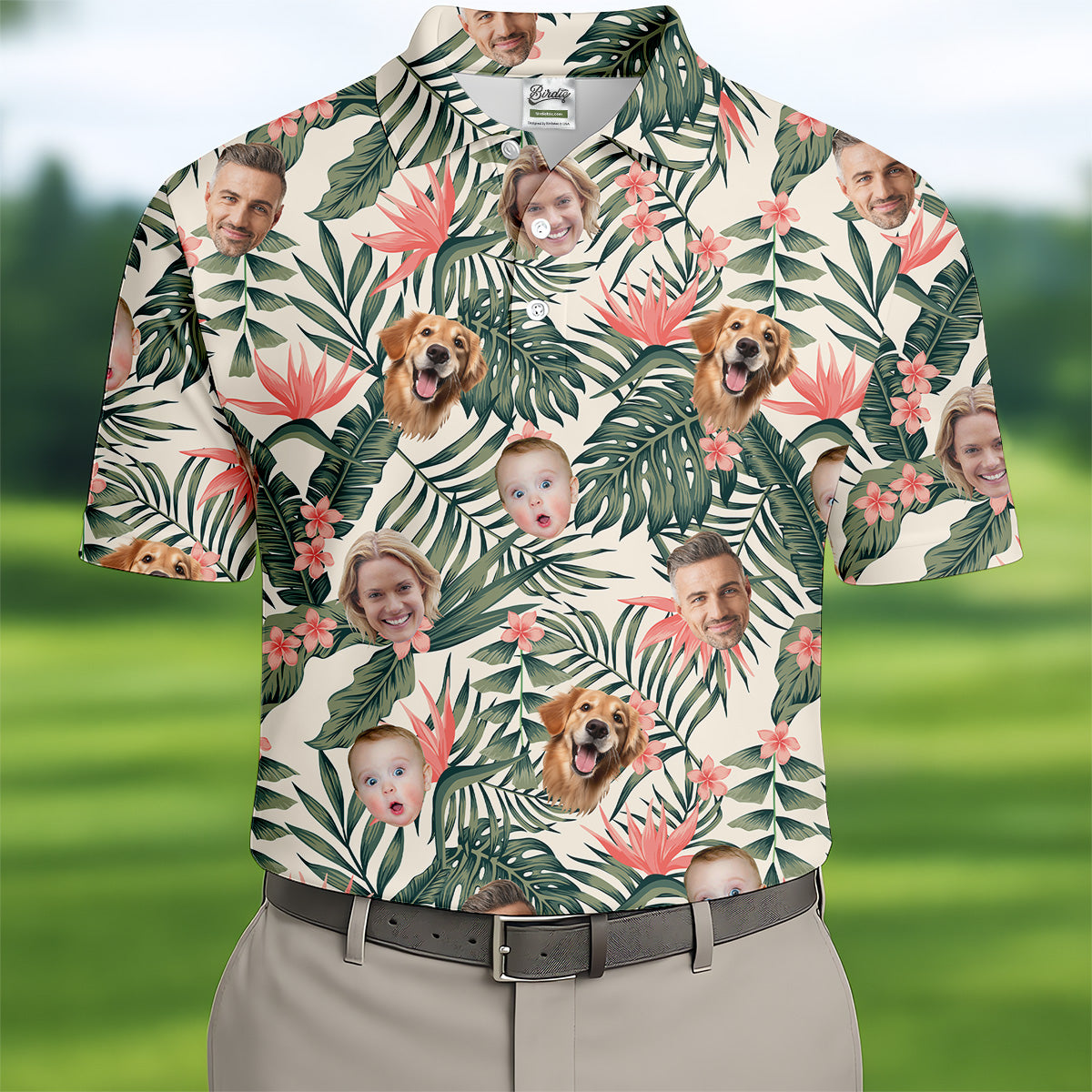 Tropical Floral Pattern Custom Hawaiian Shirts With Face, Men Polo ShirtLong Sleeve Golf Shirts