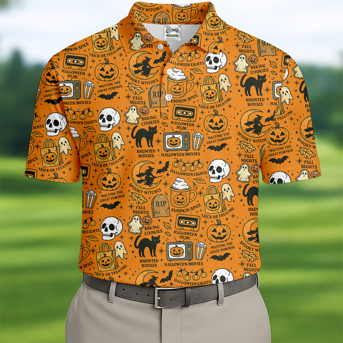 Orange Halloween Cat Golf Polo Shirt Halloween Theme Shirts, Mens Golf Polo Shirt Golfing Apparel