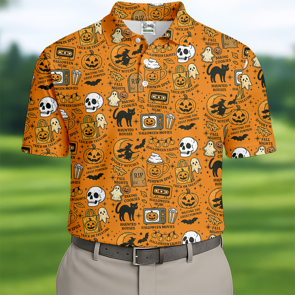 Orange Halloween Cat Golf Polo Shirt Halloween Theme Shirts, Mens Golf Polo Shirt Golfing Apparel