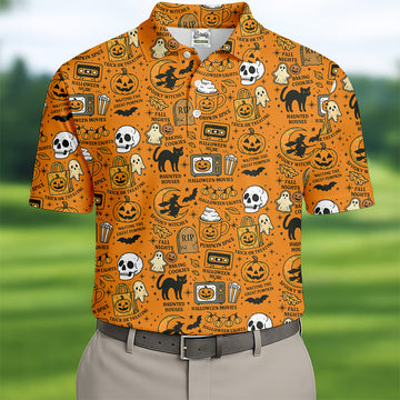 Orange Halloween Cat Golf Polo Shirt Halloween Theme Shirts, Mens Golf Polo Shirt Golfing Apparel