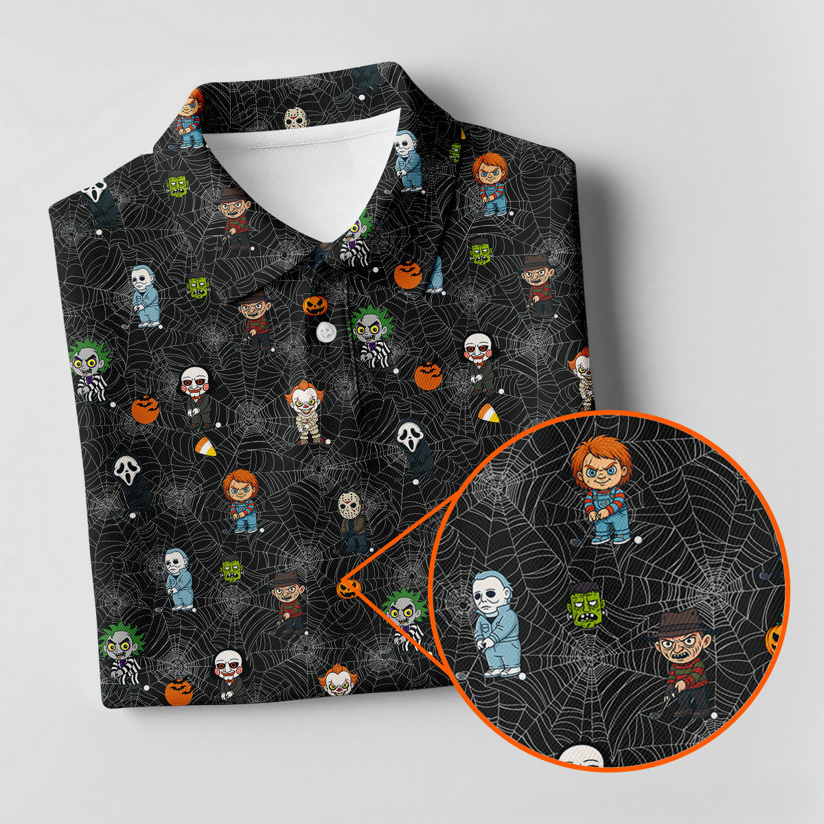 Funny Horror Character Black Golf Polo ShirtHorror Movie Shirt, Halloween Golf Shirt, Fun Golf Polos For Men