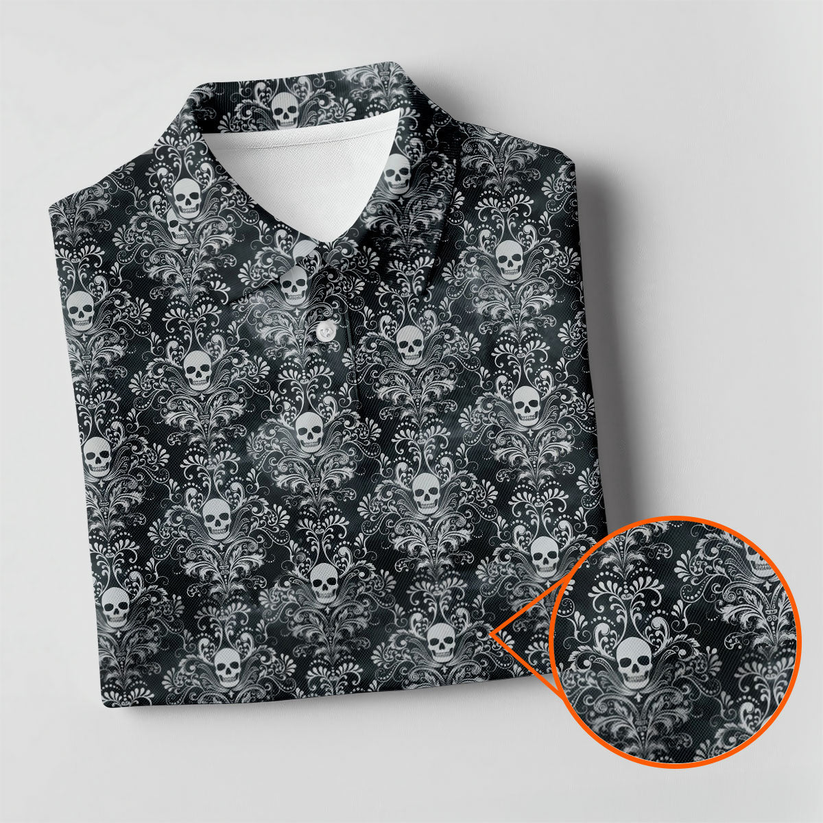 Skull Damask Charcoal Grey Gothic Floral Women Golf Top, Ladies Golf Shirts, Golf Shirt For Women