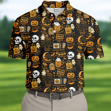 Vintage Halloween Cat Golf Polo Shirt Halloween Theme Shirts, Ghost Pumpkin Mens Golf Polo Shirt Golfing Apparel