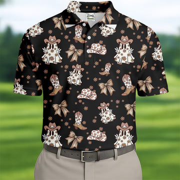 Coquette Halloween Cowboy Ghost Black Fun Golf Shirts For Men, Polo ShirtFor Men, Golfing Apparel