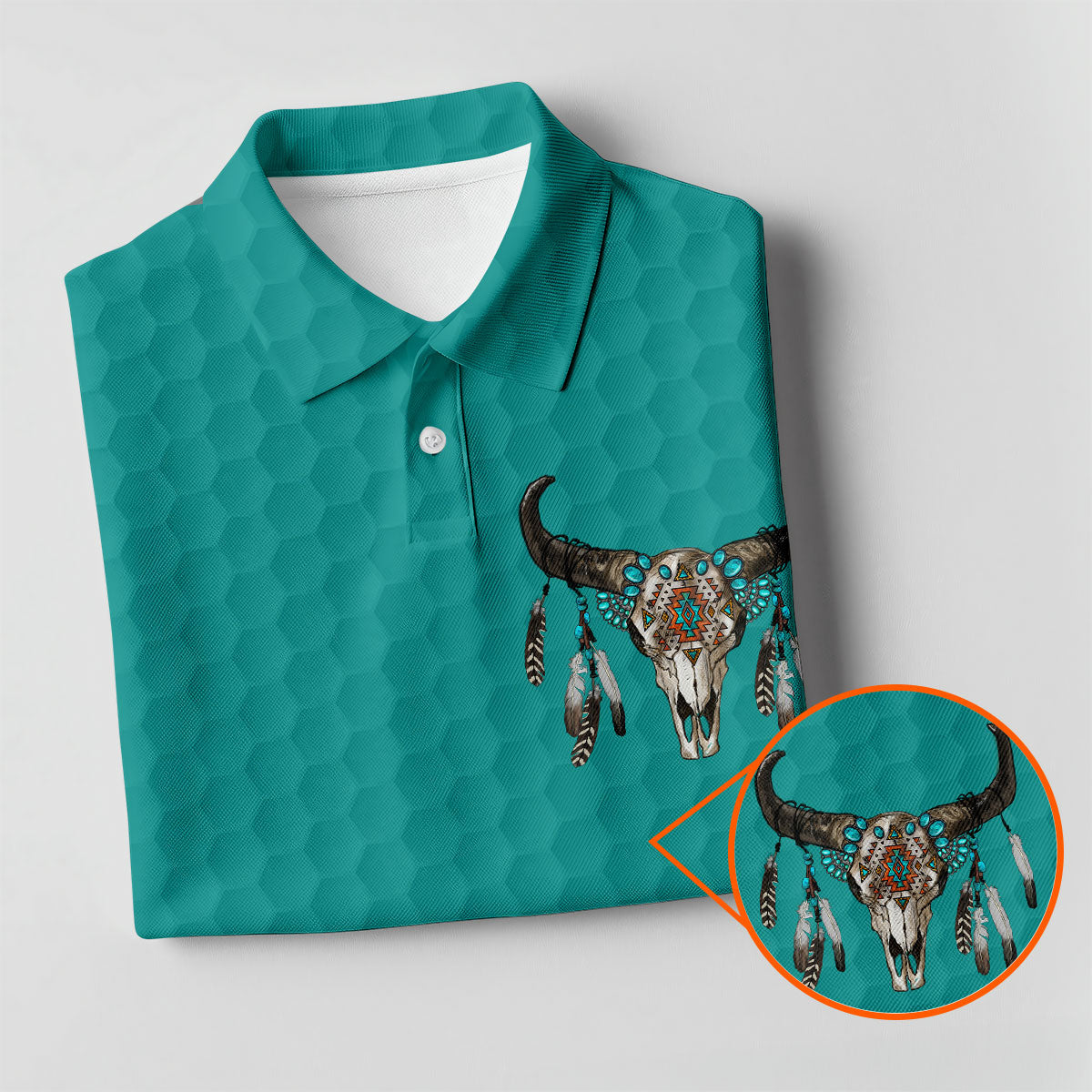 Turquoise Southwestern Bull Skull Golf Polo Shirt, Golf Tops For Women, Hawaiian Golf Shirt
