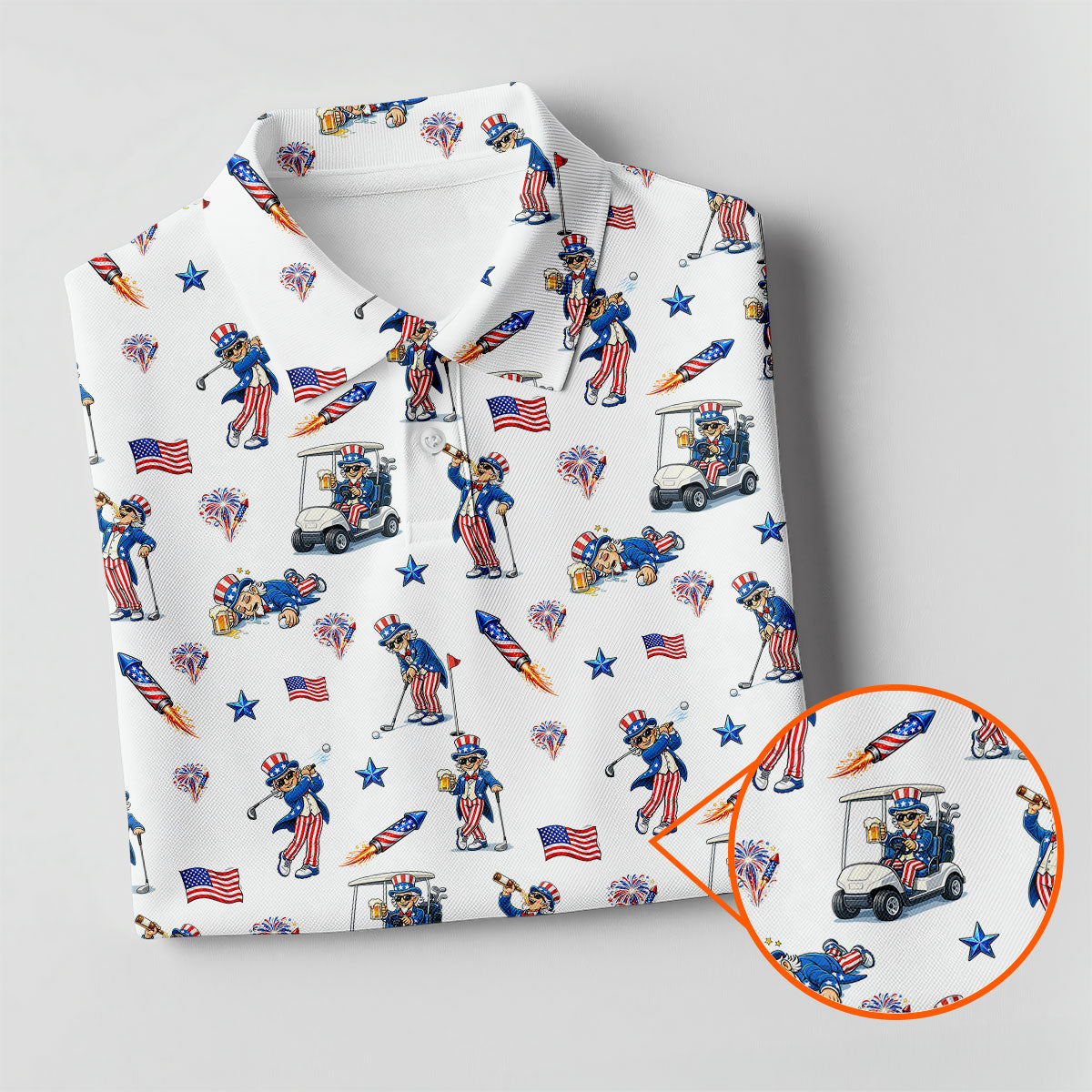 Patriotic Man Golf And Beer Funny 4th Of July White Golf Shirt, 250 Years Seamless Pattern Golf Shirts For Men