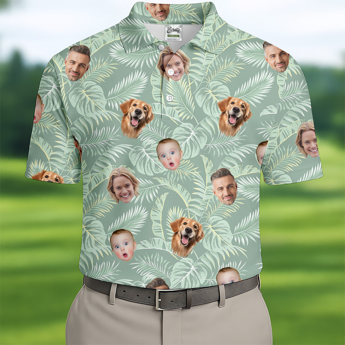 Tropical Leaf Pattern Mens Hawaiian Golf Shirts, Custom Team Shirt, Green Polo ShirtBest Gifts For Men Golfers