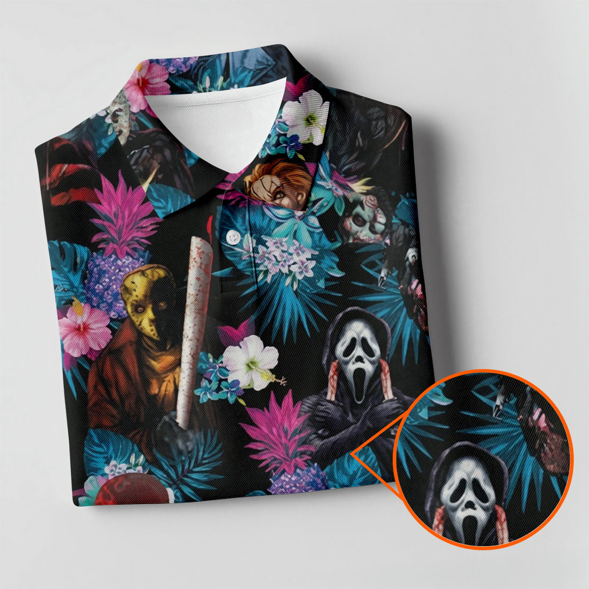 Tropical Horror Movie Villains Halloween Golf Polo Shirt, Hawaiian Golf Shirt, Mens Golf Apparel