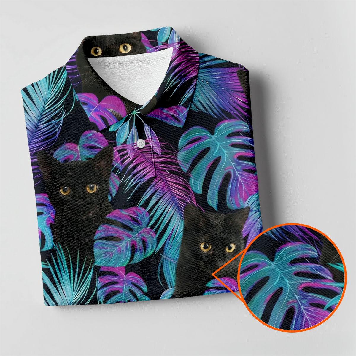 Funny Black Cat Purple Blue Gradient Hawaiian Golf Shirt, Golf Shirts For Men