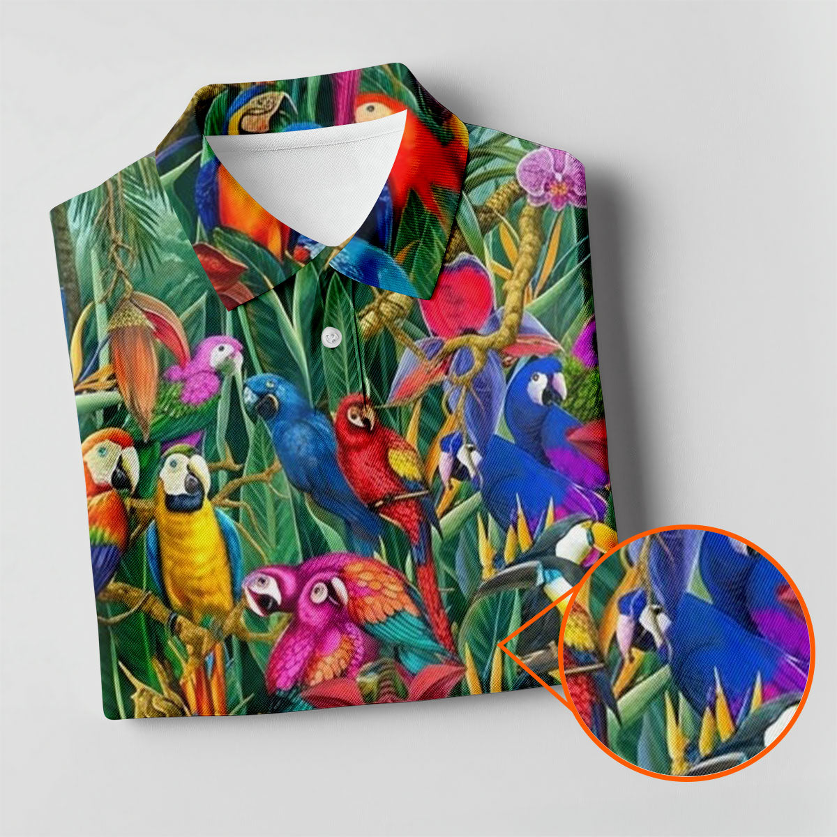 Tropical Colorful Parrots Rainforest Bird Print Golf Polo, Hawaiian Golf Shirt, Printed Golf Shirts