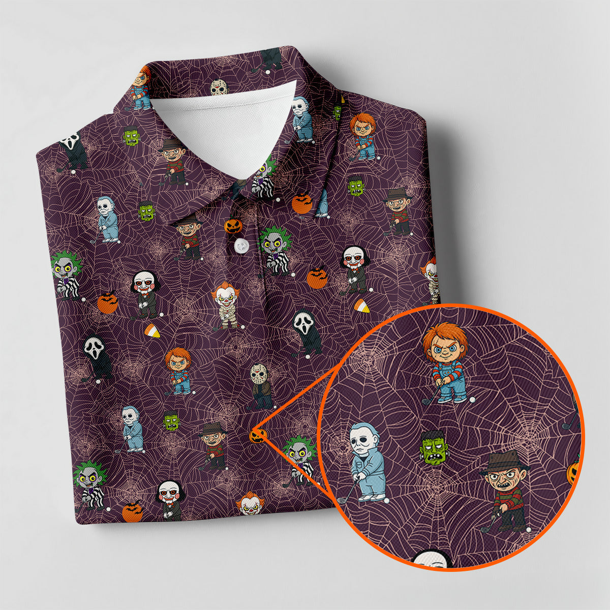 Funny Horror Character Purple Golf Polo ShirtHorror Movie Shirt, Halloween Golf Shirt, Fun Golf Polos For Men