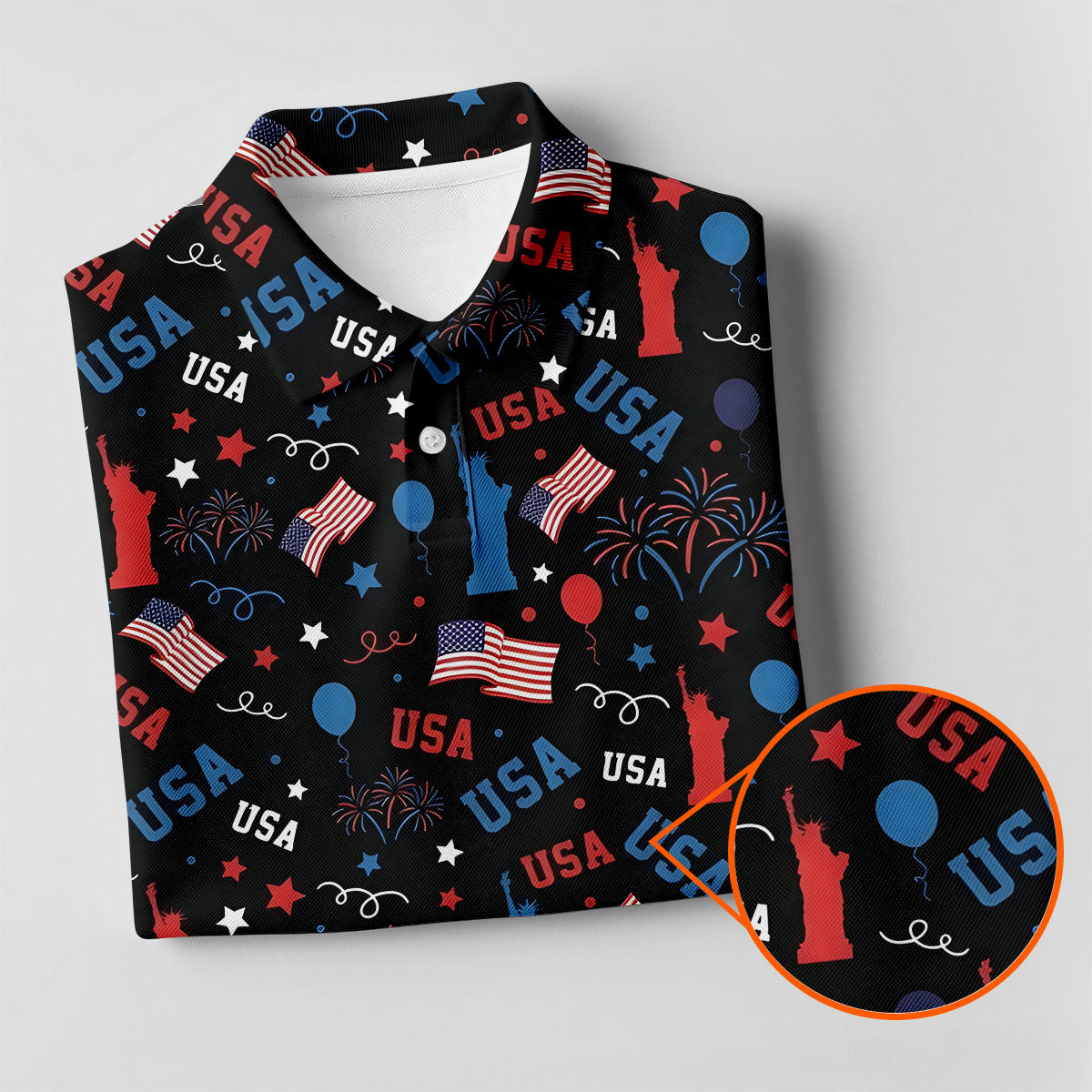 USA Red White Blue Seamless Pattern Black Golf Shirt, 250th Anniversary Patriotic 4th Of July Golf Shirts For Men