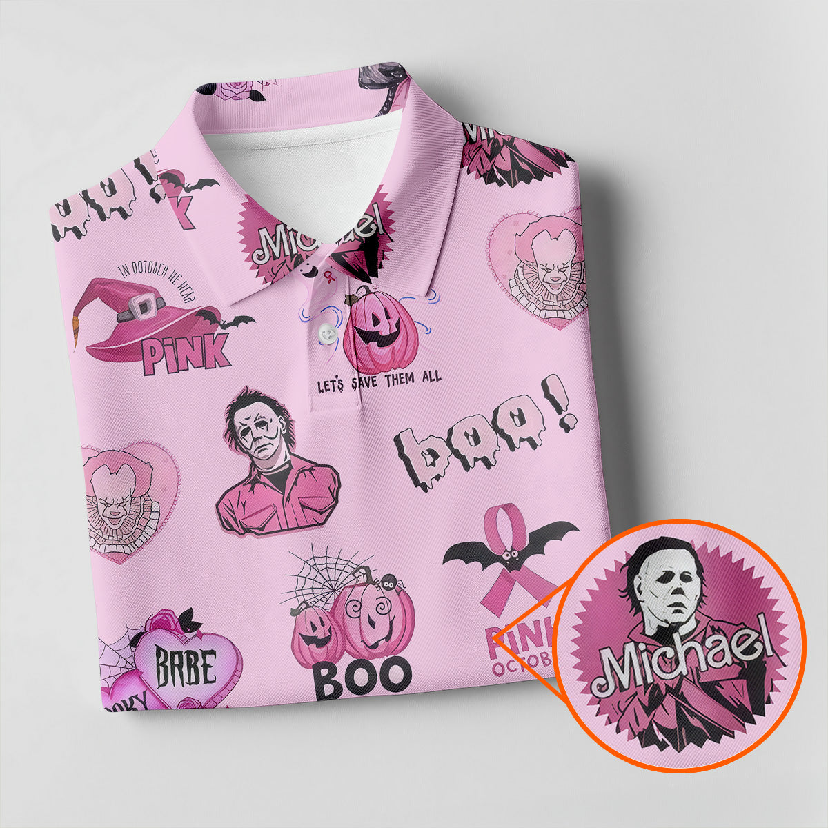 Funny Michael Horror Character Women Golf Shirt, Pink October Shirt, Halloween Golf Shirt, Ladies Golf Shirt