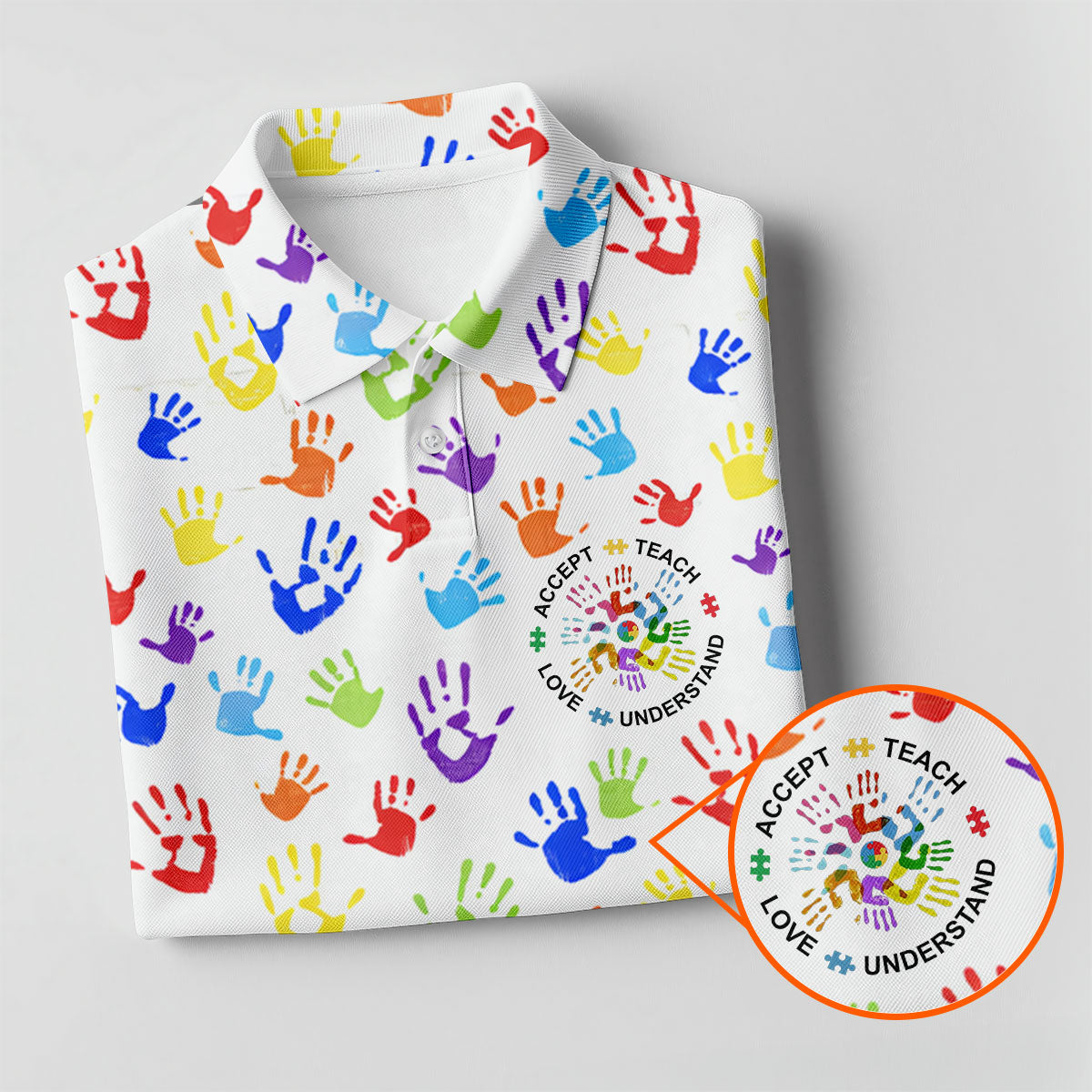 Accept Teach Understand Love Autism Awareness Colorful Handprint White Golf Shirt, Women's Golf Tops