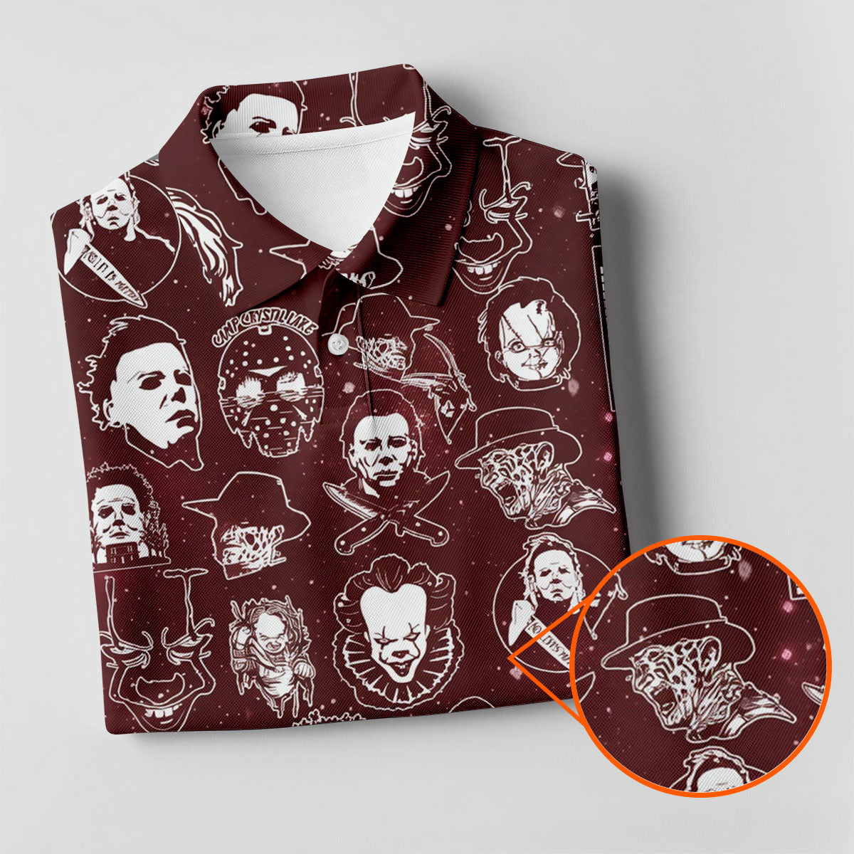 Vintage Halloween Horror Character Pattern Golf Shirt, Men's Golf Shirt, Hawaiian Golf Shirt