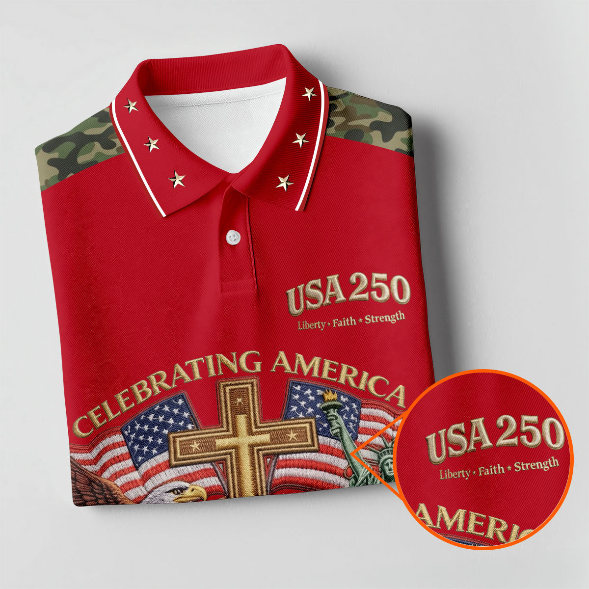 Liberty Faith Strength Faith Cross USA 250 Red Camo Golf Shirt, 4th Of July Golf Shirt For Women