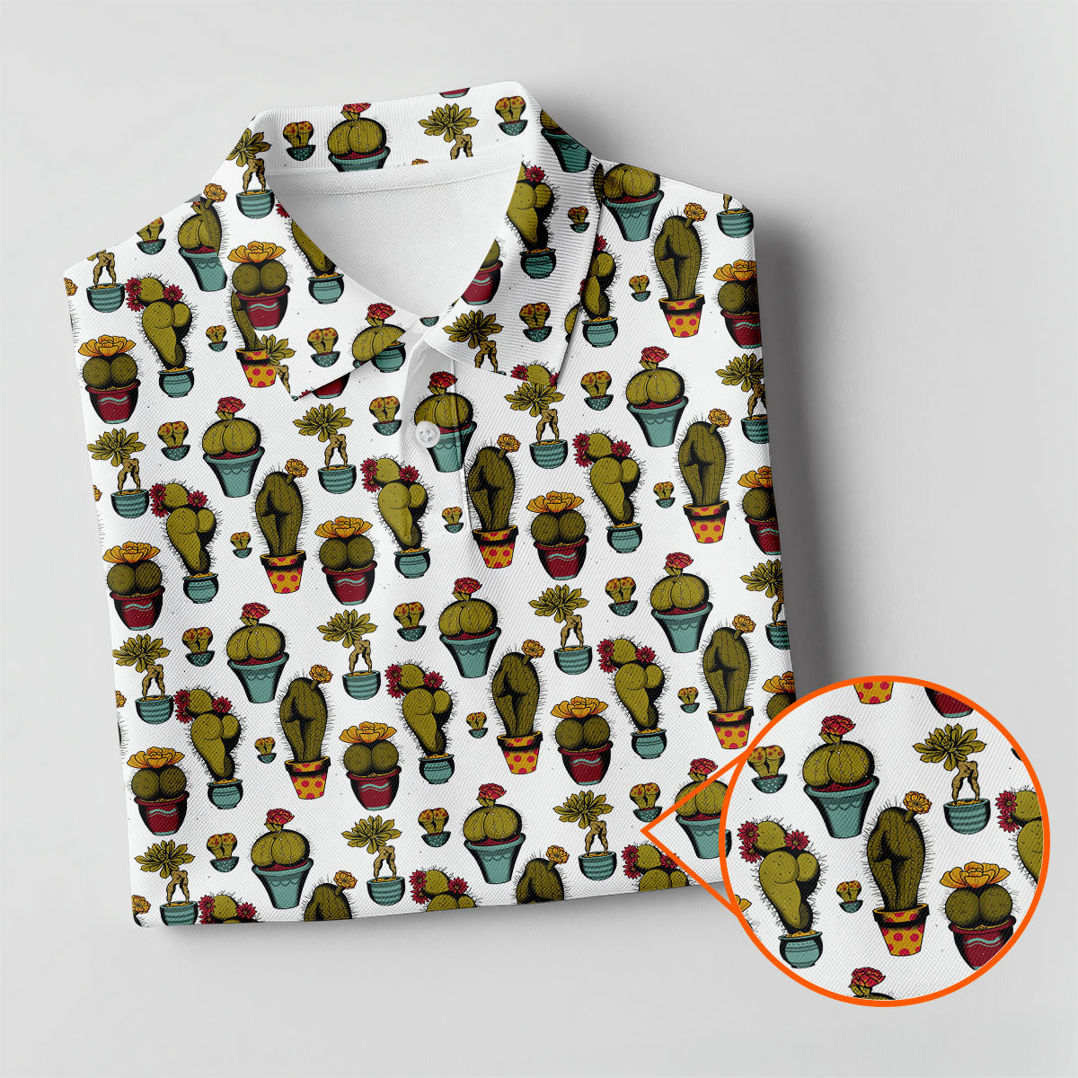 Cute Potted Cactus Pattern Golf Polo Shirt, Golf Apparel For Men, Printed Golf Shirts