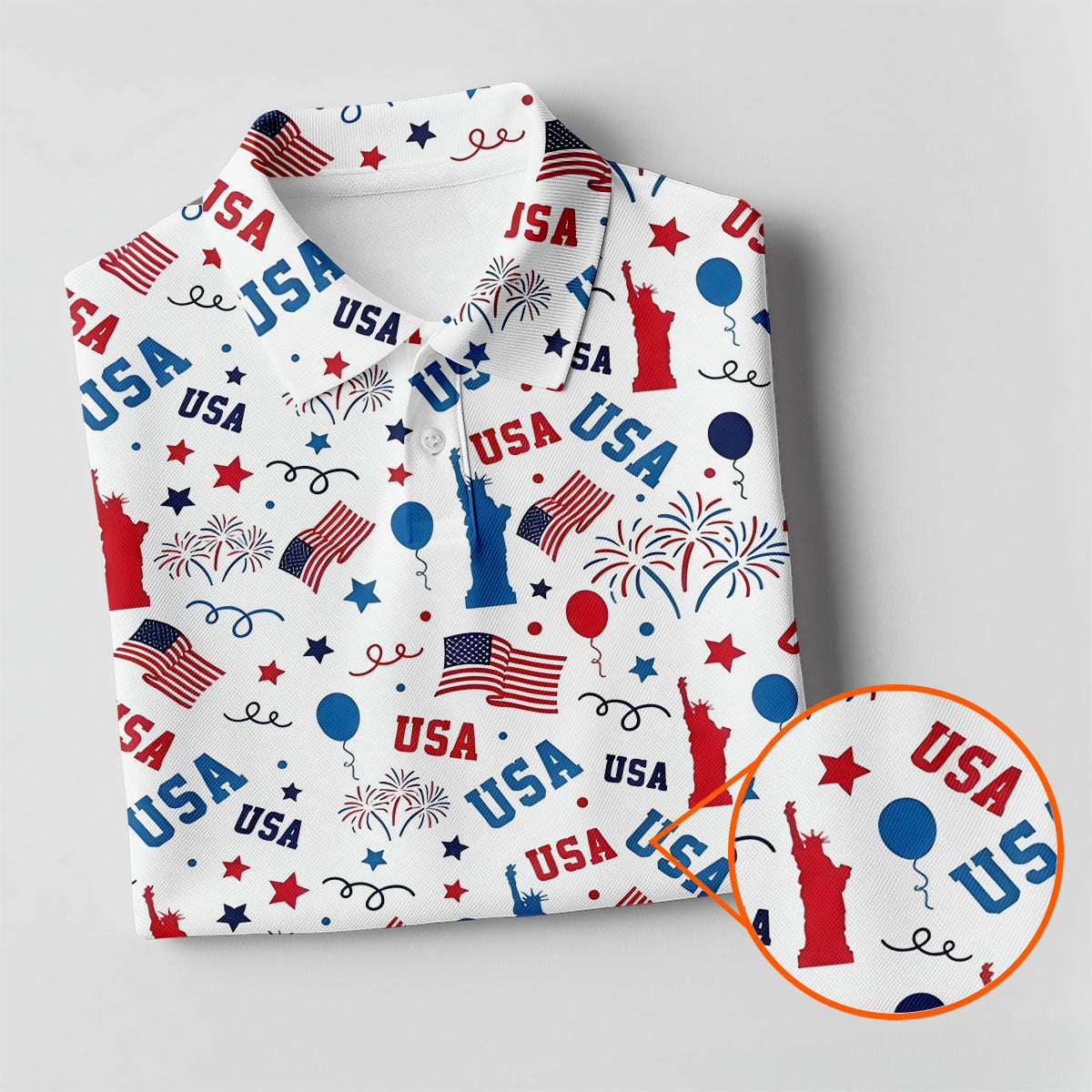 USA Red White Blue Seamless Pattern White Golf Shirt, 250th Anniversary Patriotic 4th Of July Golf Shirts For Men