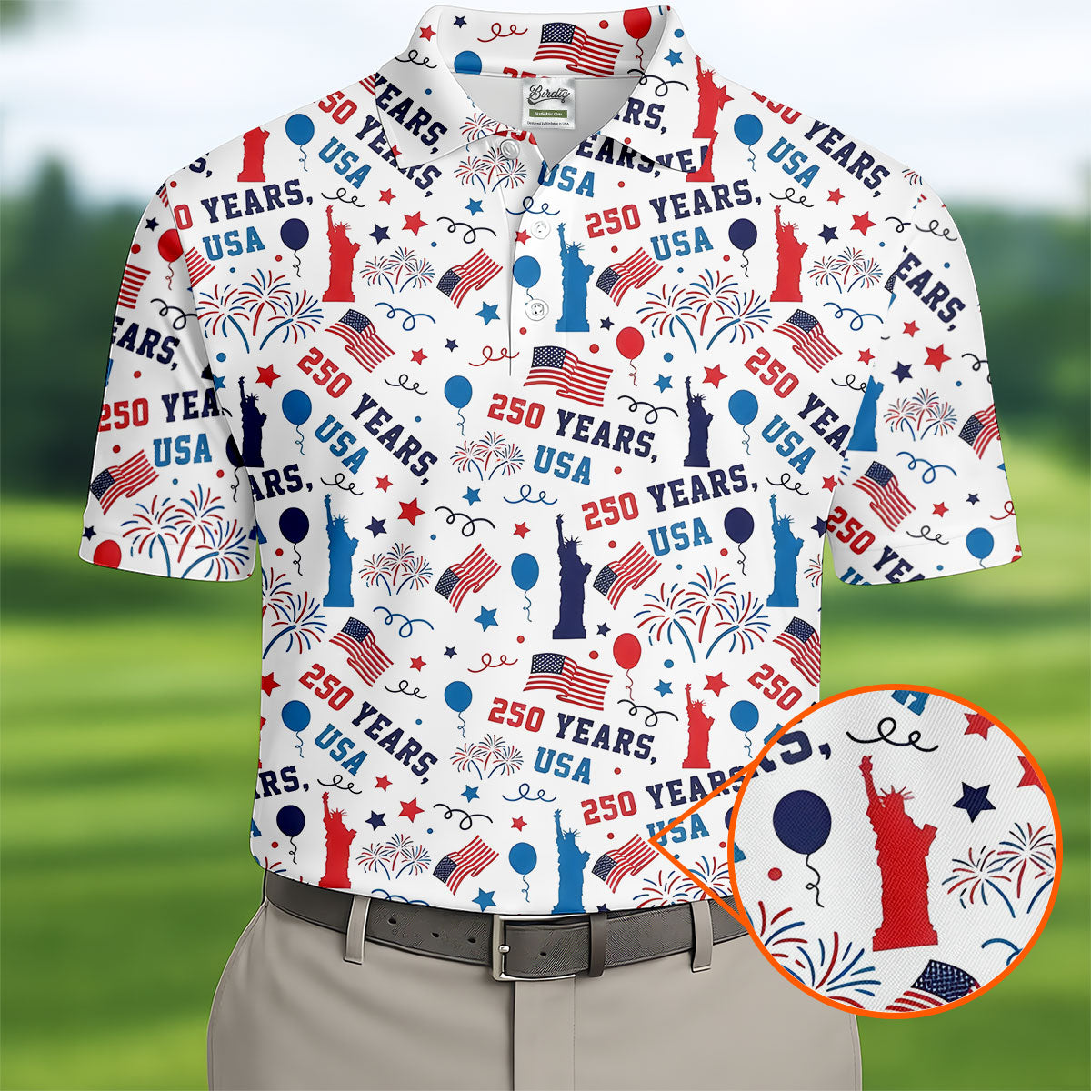 250 Years USA Red White Blue Seamless Pattern White Golf Shirt, Patriotic 4th Of July Golf Shirts For Men