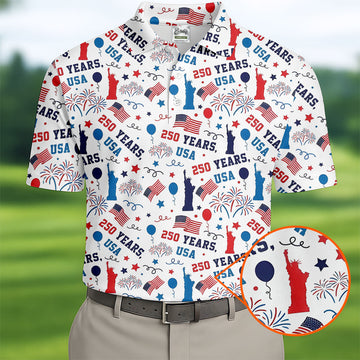 250 Years USA Red White Blue Seamless Pattern White Golf Shirt, Patriotic 4th Of July Golf Shirts For Men