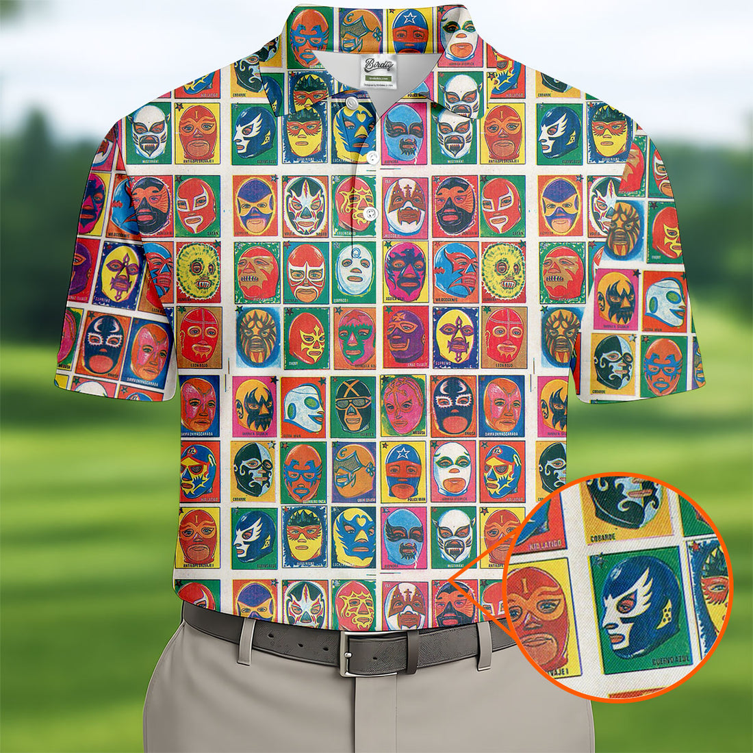 Lucha Libre Mask Grid Pattern Golf Tops For Men, Cinco De Mayo Celebration Golf Shirts For Men