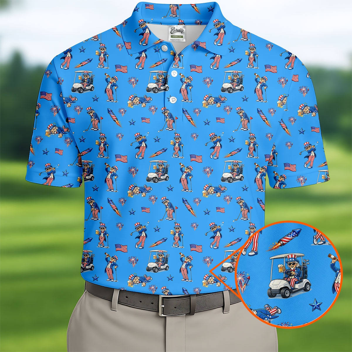 Patriotic Man Golf And Beer Funny 4th Of July Blue Golf Shirt, 250 Years Seamless Pattern Golf Shirts For Men