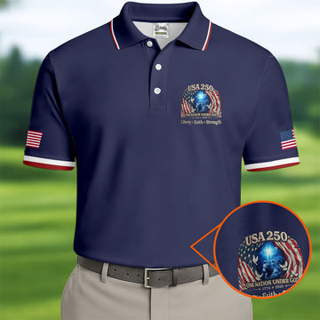 One Nation Under God Faith Cross USA 250 Logo Navy Golf Shirt, 4th Of July Golf Shirts For Men