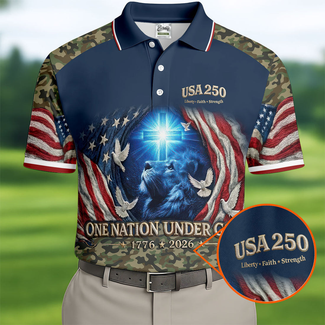 One Nation Under God Faith Cross USA 250 Navy Camo Golf Shirt, 4th Of July Golf Shirts For Men
