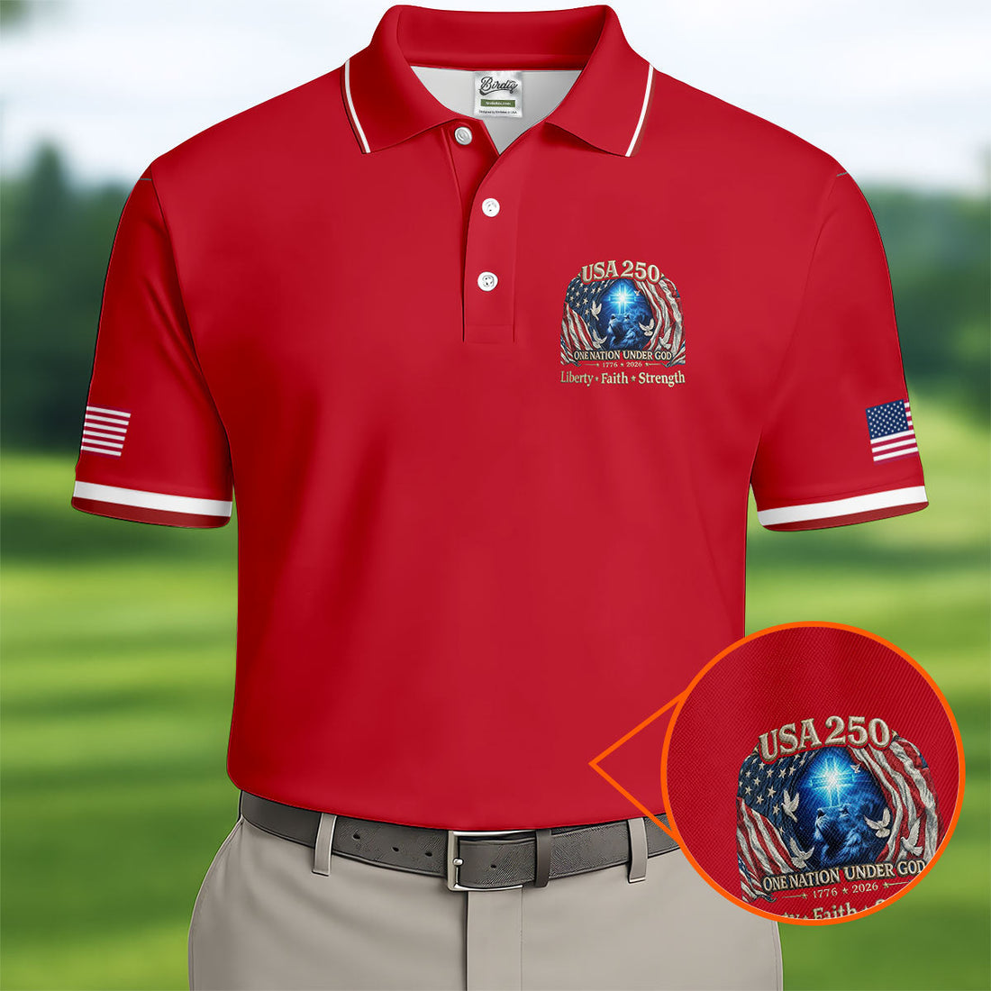 One Nation Under God Faith Cross USA 250 Logo Red Golf Shirt, 4th Of July Golf Shirts For Men