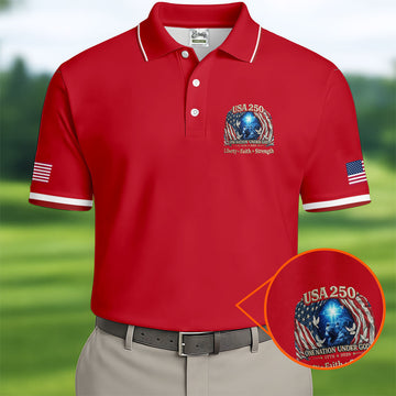 One Nation Under God Faith Cross USA 250 Logo Red Golf Shirt, 4th Of July Golf Shirts For Men