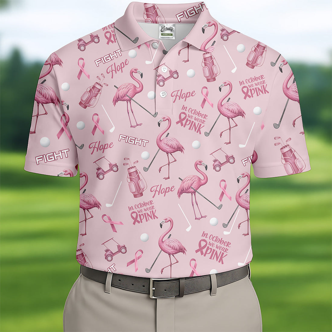 Funny Flamingo Pink Ribbon Men's Polo ShirtBreast Cancer Awareness Shirt, Golf Shirts For Men